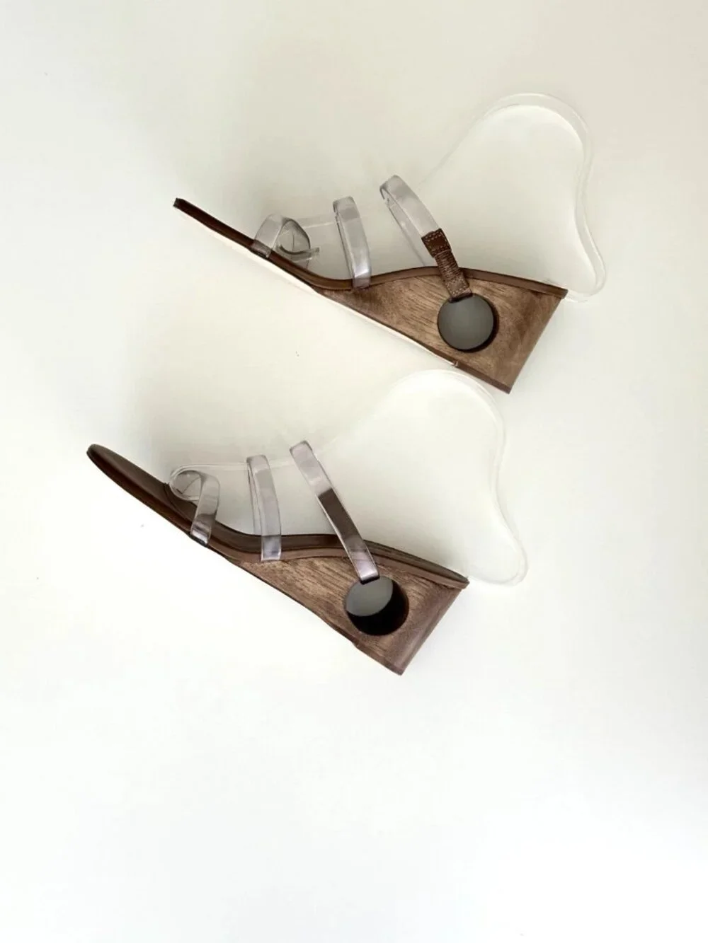 CULT GAIA Merced Strappy PVC Wooden Cutout Wedge Sandals in Clear/Brown Size 38